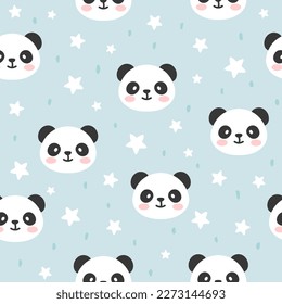 Panda lindo de fondo azul de oso con estrellas textura bebé y niño patrón sin costura para tela e impresión textil, envoltura diseño vectorial de papel