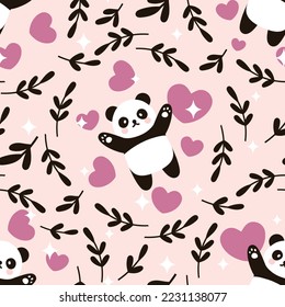 Cute panda bear botanical elements and pink hearts background. Kawaii animals kids seamless pattern, fabric and textile print design
