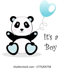 Cute panda bear boy with balloon. It's a boy. Vector illustration.