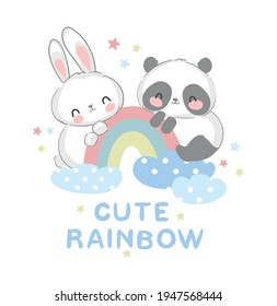 Cute Panda Bear and Bunny vector illustration hand drawn panda and rabbit with rainbow design print for t-shirt