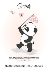 Cute panda bear and butterflies vector illustration. Suitable for Birthday card or t-shirt print