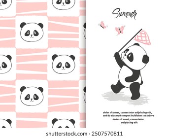 Lindo oso panda con mariposas Ilustración vectorial. Patrón de osos sin costuras. Set para niños