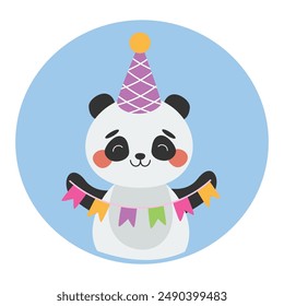 Cute panda bear with carnival garland with flags, wearing party hat. Birthday greetings. Vector illustration