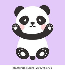 El personaje kawaii, de caricatura de oso panda, con un pequeño cuerpo de chibi sentado con las manos alegremente arriba, animales con mejillas redondas rosadas sobre un sólido fondo violeta aislado.