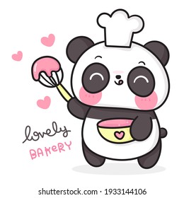 Cute Panda bear cartoon chef vector cooking sweet bakery: Kawaii animal zoo (girly doodle). Illustration on isolated white background. Perfect Nursery children, kids, greeting card, baby shower girl.