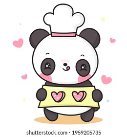 Cute Panda bear cartoon chef vector cooking cookie sweet bakery: Kawaii animal zoo (girly doodle). Illustration on isolated white background. Perfect Nursery children, kids, greeting card,baby shower.