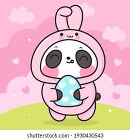 Cute Panda bear cartoon in Easter bunny costume holding easter egg: Kawaii animal zoo vector (girly doodle). Illustration vector pastel background. Perfect Nursery children, kids, greeting.