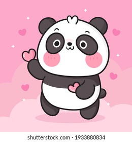 Cute Panda bear cartoon holding hearts: Kawaii animal zoo vector (girly doodle). Illustration vector on pastel background. Perfect Nursery children, kids, greeting card, baby shower girl, fabric design.