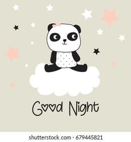 Cute Panda Bear Cartoon, Panda Bear On The Cloud, Good Night Card, Pajamas And Bedding Pattern For Kids, Baby Shower Card