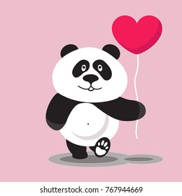 cute panda bear in cartoon style with  balloon heart on  pink background. Suitable for postcards, covers, prints, posters. Flat design. Vector illustration