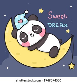 Cute Panda bear cartoon sweet dream sleep on moon with star: Kawaii animal zoo vector (girly doodle). Illustration vector on night background. Perfect Nursery children, kids.