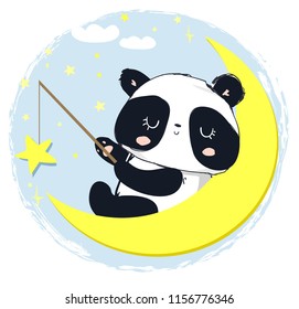 Cute Panda Bear catching stars. Vector Illustration  