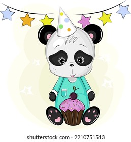 cute panda bear celebrates birthday with cupcake
