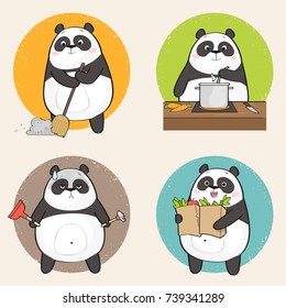 Cute Panda Bear Character doing different housework. Vector illustration