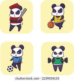 Cute Panda Bear Character. Fitness set. Vector illustration