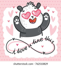 Cute Panda Bear character in love with heart in eyes and lettering calligraphy text. I love you infinitely. Hand drawn romantic illustration in cartoon doodle style for card, poster, invitation