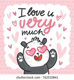 Cute Panda Bear character in love with heart in eyes and lettering calligraphy text. I love you very much. Hand drawn romantic illustration in cartoon doodle style for card, poster, invitation