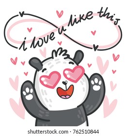 Cute Panda Bear character in love with heart in eyes and lettering calligraphy text. I love you infinitely. Hand drawn romantic illustration in cartoon doodle style for card, poster, invitation