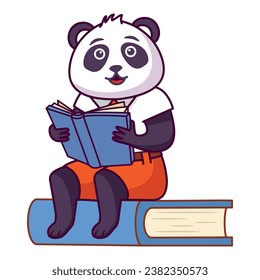 El personaje de un oso panda lindo lee libros. El panda de dibujos animados está sentado en un libro. Leer libros.Leer libros.Leer a un estudiante de animal panda lindo mientras está sentado en la biblioteca de libros grandes. Vector de líneas de arte. Aislado en fondo blanco