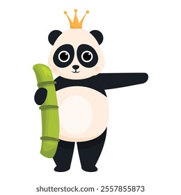 Cute panda bear character wearing golden crown holding bamboo stick pointing with paw cartoon vector illustration isolated on white background