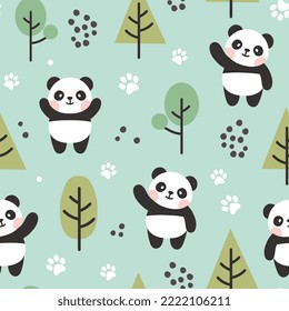 cute panda bear cheering pose mint green forest kids scandinavian style seamless pattern background with trees and animal footprints. Bedding children vector design, fabric and textile print.