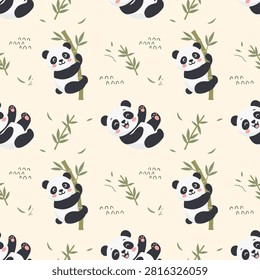 Cute Panda Bear Climbing Bamboo Seamless Pattern, Playful Animal Cartoon Background with Stalk Leaf Illustration, Minimalist Muted Pastel Earth Tones Nursery Kids Repeatable Surface Wallpaper