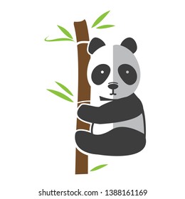 cute panda bear climbing on bamboo stem, isolated on white background. wild animal character.
