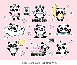 Cute Panda Bear Collection. Baby Animal Doodle Vector Illustrations Set with Happy Birthday Cake, Sleeping, Unicorn, Princess. Fun Kids Print Isolated on White.