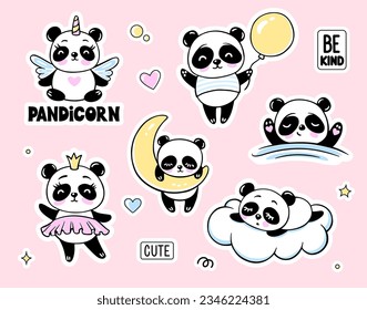 Cute Panda Bear Collection. Baby Animal Doodle Vector Illustrations Set with Happy Birthday Cake, Sleeping, Unicorn, Princess. Fun Kids Print Isolated on White.