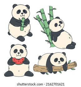 Colección de osos de Panda con estilo de doodle. Panda kawaii con diversas expresiones y posiciones en estilo de caricatura