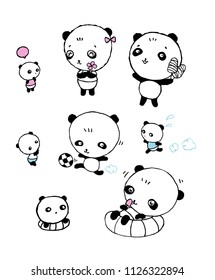 Cute Panda bear collection of hand drawn elements,Set of funny little panda ,Cartoon character of cute bamboo bear black and white icons,vector illustrations