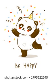 Cute panda bear with confetti isolated on white - cartoon character for Your happy Birrthday design