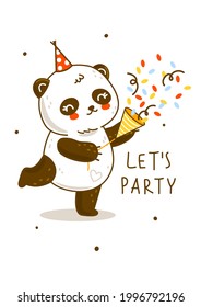 Oso lindo panda con confeti aislado en blanco - personaje de caricatura para el diseño feliz cumpleaños