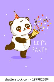 Cute panda bear with confetti on purple background- cartoon character for happy Birthday design 