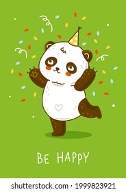 Cute panda bear with confetti on green background - cartoon character for happy Birthday design