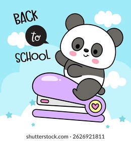 Cute Panda Bear Cub Cartoon ride Stapler on Sky.
Back to School Kids Kawaii Animals. Flat Illustration.