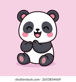 Filhote de urso panda bonito sorrindo e batendo palmas com bochechas rosas, estilo cartoon