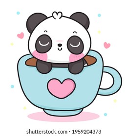 Cute Panda bear in cup of drinking coffee tea cartoon teddy: Kawaii animal zoo vector (girly doodle). Illustration vector on isolated white background. Perfect Nursery children, kids, greeting card.