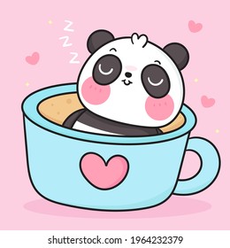 Cute Panda bear in cup drinking coffee tea cartoon teddy sweet dream: Kawaii animal zoo vector (girly doodle). Illustration vector on pastel background. Perfect Nursery children, kids, greeting card.