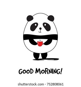 Cute Panda Bear with Cup. Good morning text. Vector illustration flat design