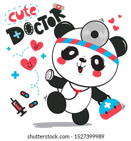 Cute panda bear doctor holding stethoscope to checking red heart isolated on white background illustration vector.