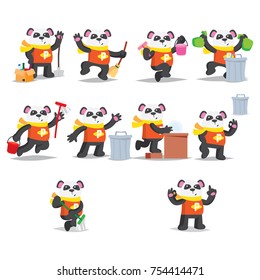 Cute Panda bear doing a cleaning activities. Cleaning and Hygiene campaign poster for children.