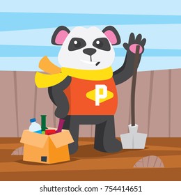 Cute Panda bear doing a cleaning activities. Cleaning and Hygiene campaign poster for children.