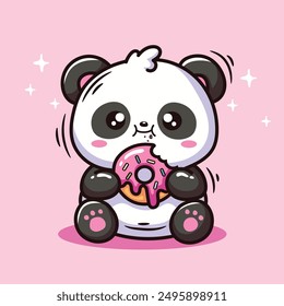 Lindo oso panda con diseño de Ilustración vectorial de personaje donut kawaii