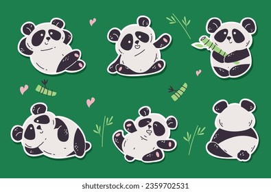 Cute panda bear doodle sticker isolated set concept. Vector graphic design illustration