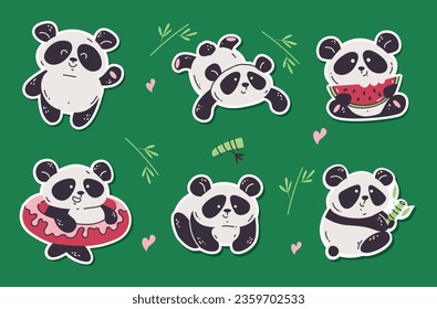 Cute panda bear doodle sticker isolated set concept. Vector graphic design illustration