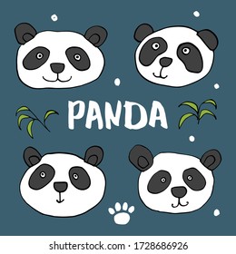 Cute Panda bear Doodles Set. Cute Animals sketch. Hand drawn Cartoon Vector illustration.