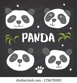 Cute Panda Bär Doodles Set. Eine Skizze für scharfe Tiere. Handgezeichnete Cartoon Vector Illustration auf Chalkboard Hintergrund.