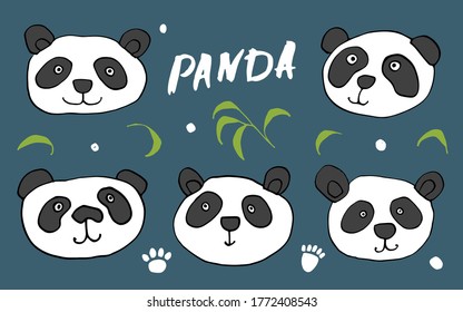 El Oso De Panda Cute Set De Doodles. Esbozo de animales curados. Dibujo manual de la ilustración del vector de dibujos animados.