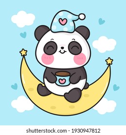 Cute Panda bear drinking coffee sit on moon good night cartoon sweet dream: Kawaii animal zoo vector (girly doodle). Illustration vector on isolated white background. Perfect Nursery children, kids.